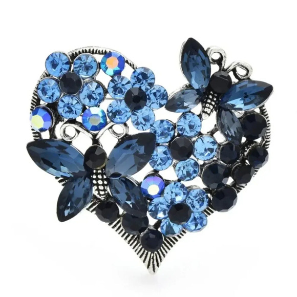 Heart Shaped Butterfly Brooch Pin with Blue Rhinestones Romantic Jewelry Gift - Picture 1 of 2